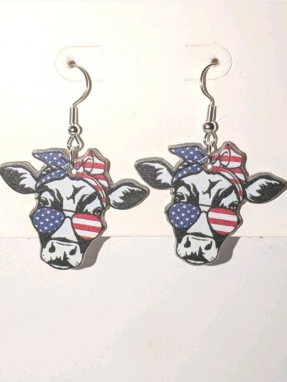 Patriotic Cow Dangle Earrings - Blue & Red